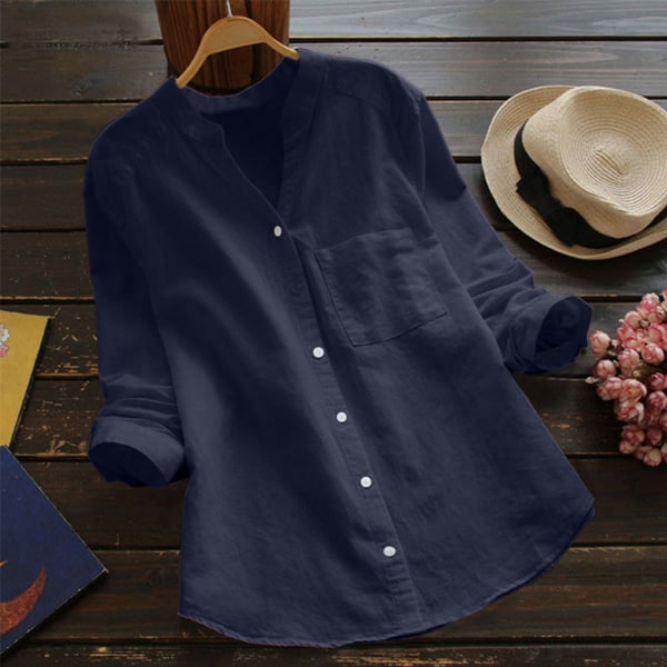 Women's Linen-Blend Blouse – Relaxed Long-Sleeve Button Front