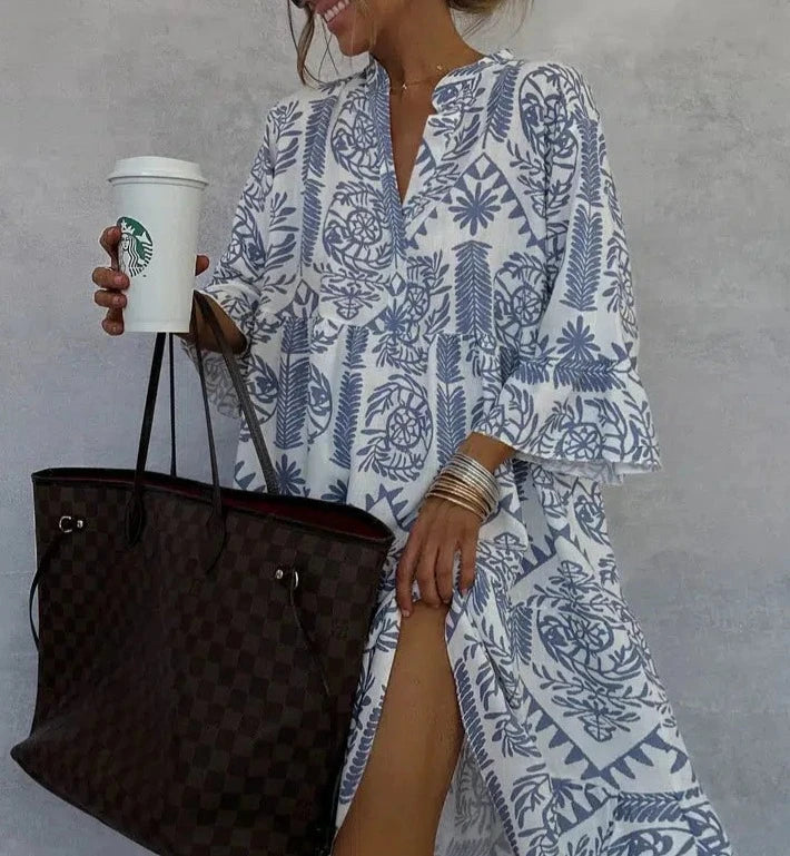Women's Long Sleeve Mini Dress – Boho Print V-Neck