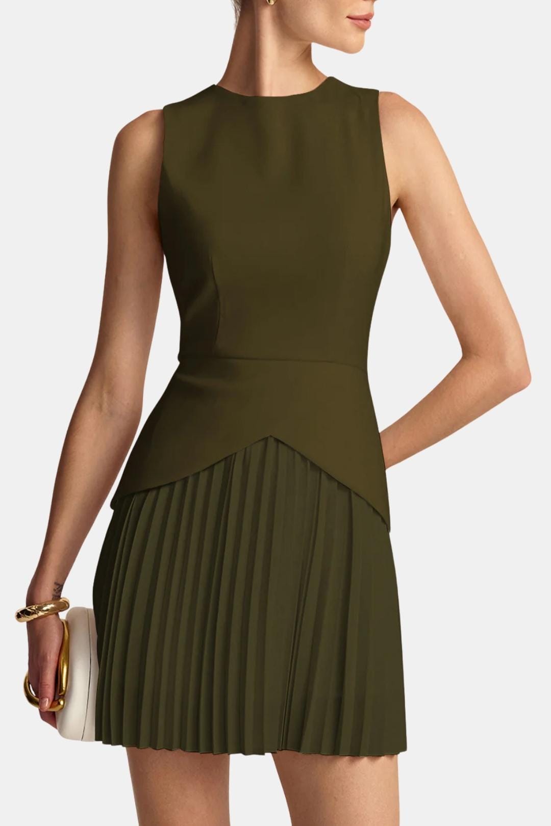 Women's Sleeveless Mini Dress – Fitted Waist Pleated Skirt