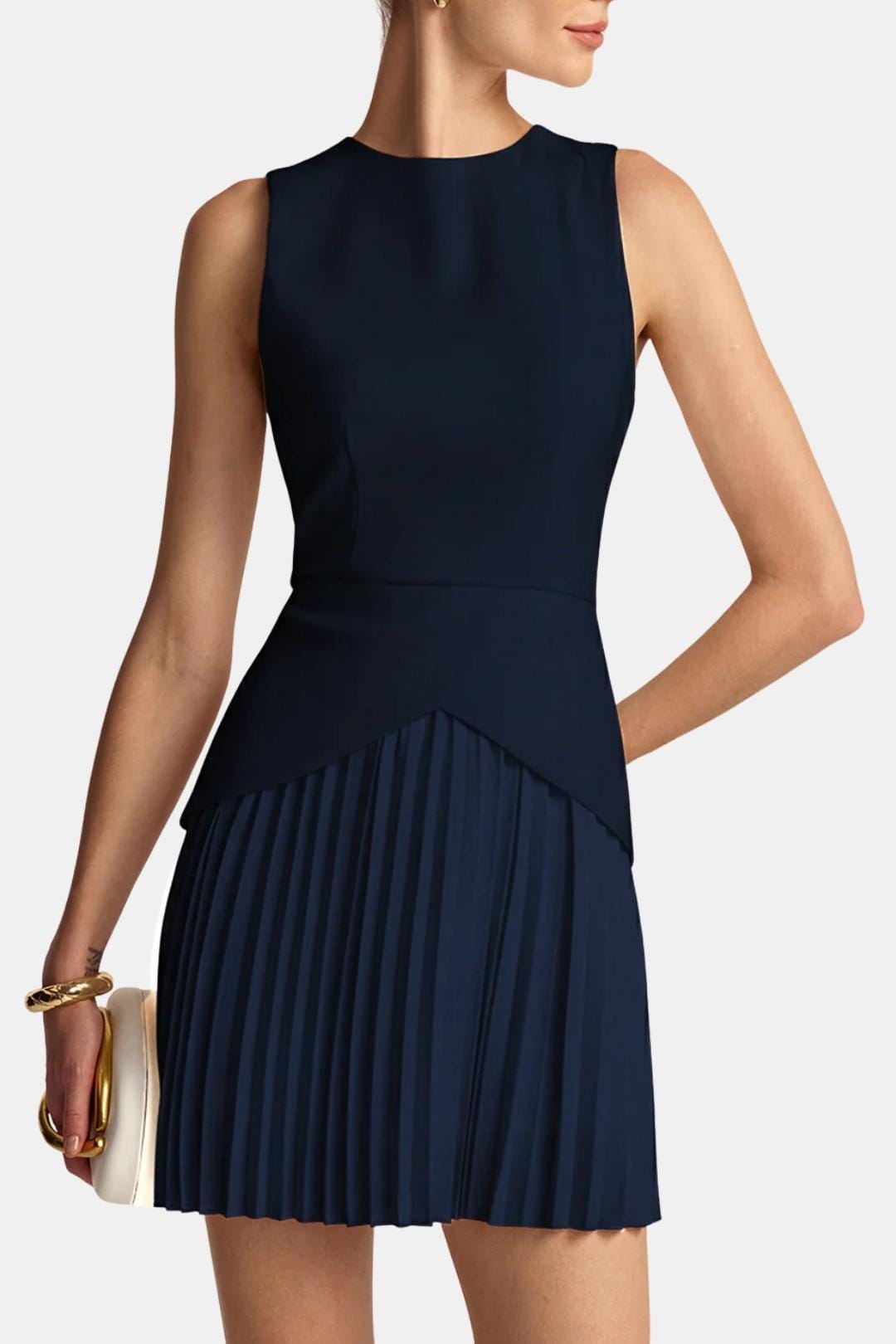 Women's Sleeveless Mini Dress – Fitted Waist Pleated Skirt
