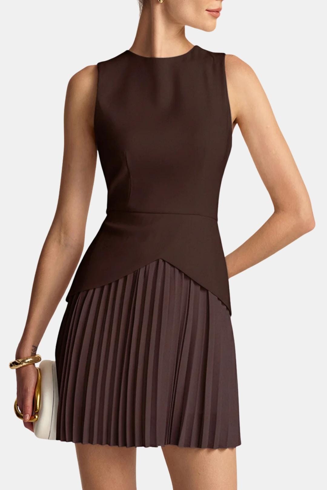 Women's Sleeveless Mini Dress – Fitted Waist Pleated Skirt