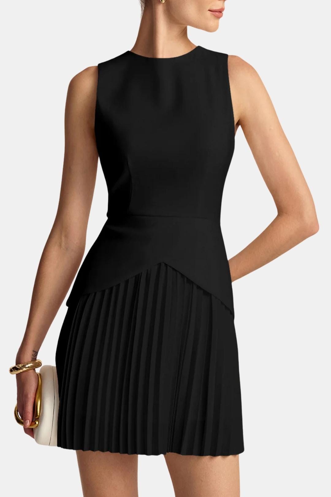 Women's Sleeveless Mini Dress – Fitted Waist Pleated Skirt