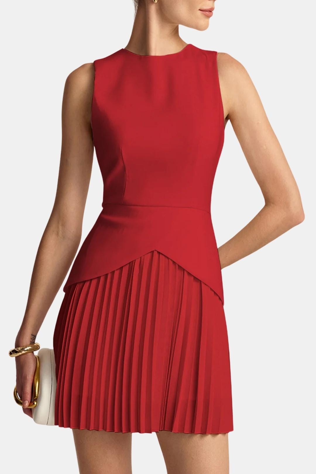 Women's Sleeveless Mini Dress – Fitted Waist Pleated Skirt