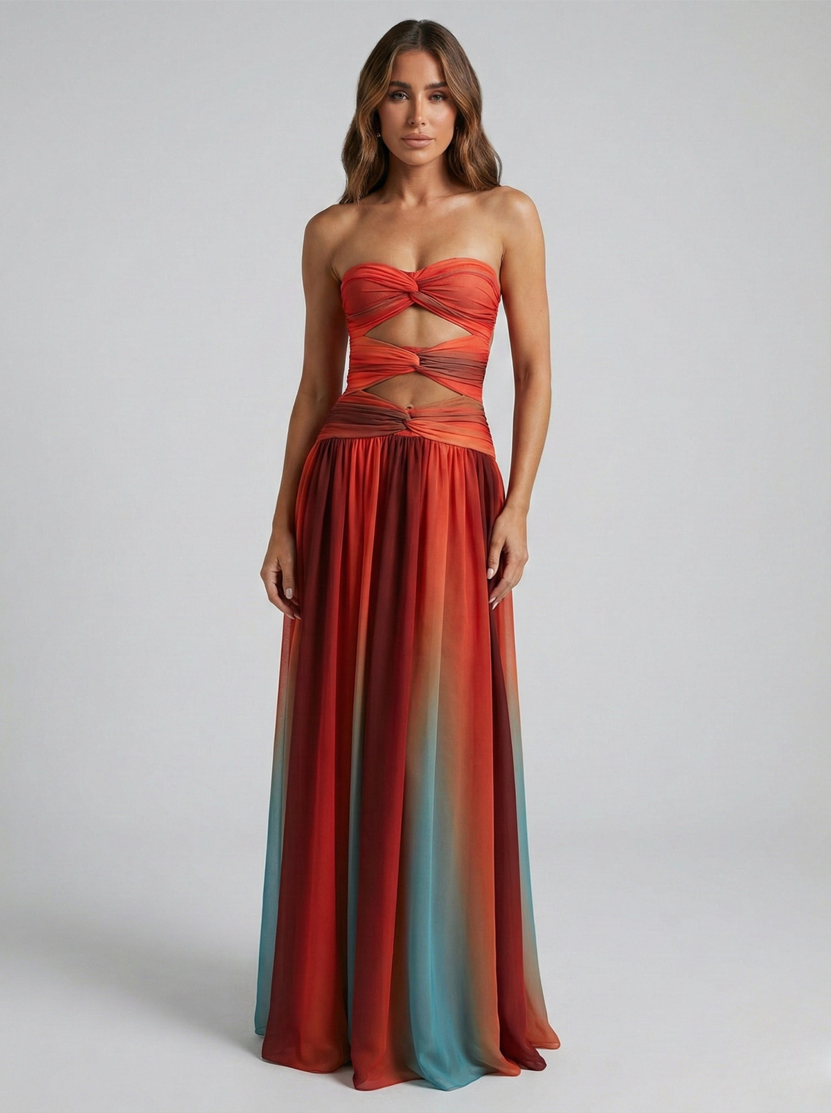 Women's Strapless Maxi Dress – Cutout Bodice A-Line