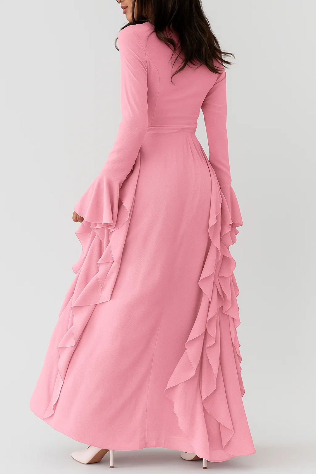 Women's Long Sleeve Maxi Dress – Side Ruffle Detail