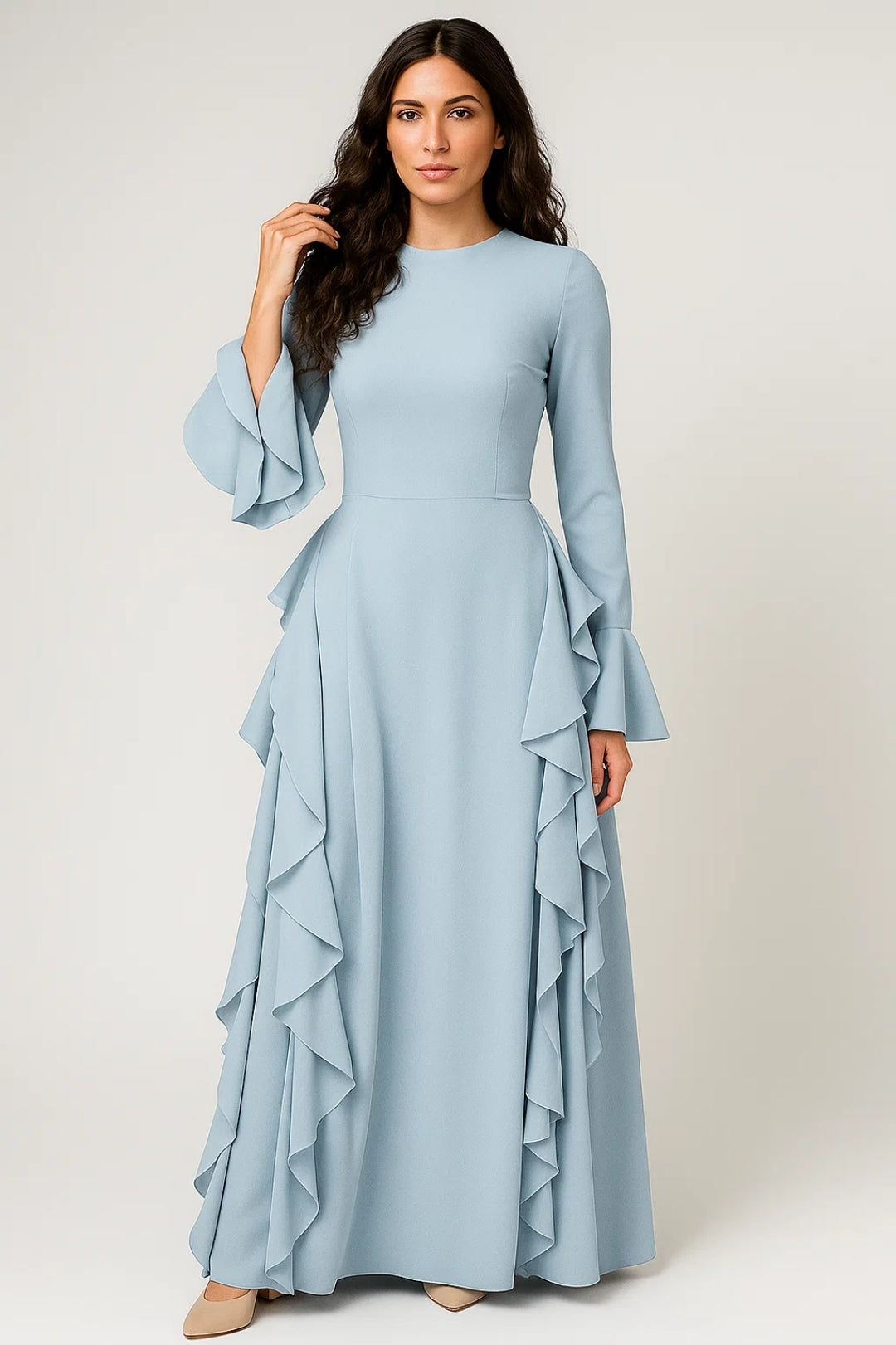 Women's Long Sleeve Maxi Dress – Side Ruffle Detail