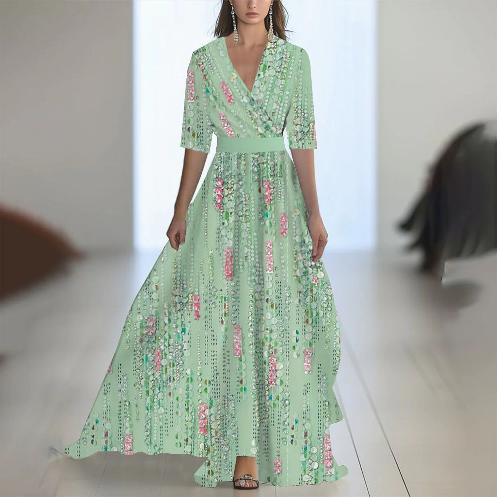 Women's Floral Maxi Dress – V-Neck Fitted Waist
