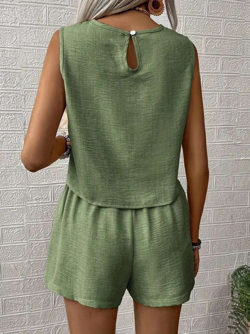 Women's Sleeveless Shorts Set – Woven Button Detail