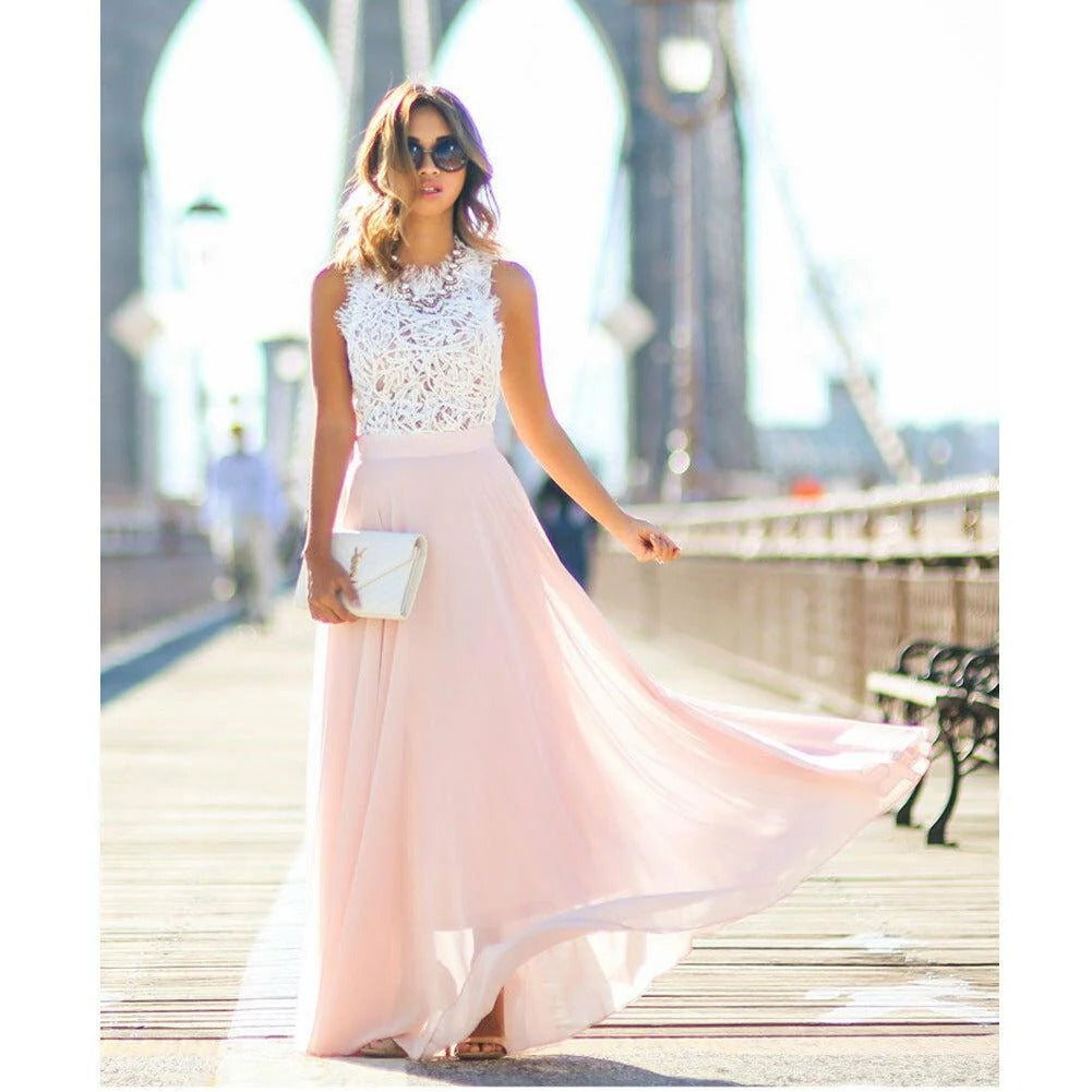 Women's Lace and Mesh Maxi Dress – Fitted Waist Floor Length