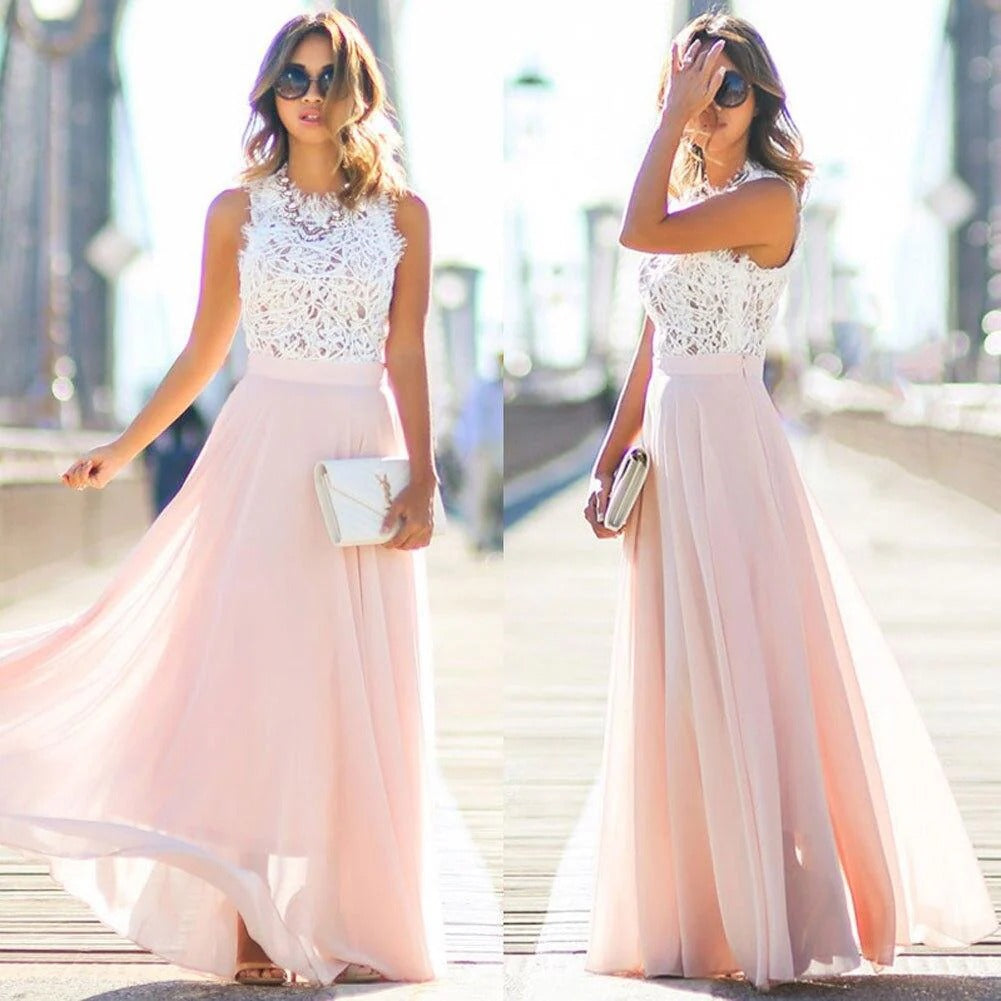 Women's Lace and Mesh Maxi Dress – Fitted Waist Floor Length