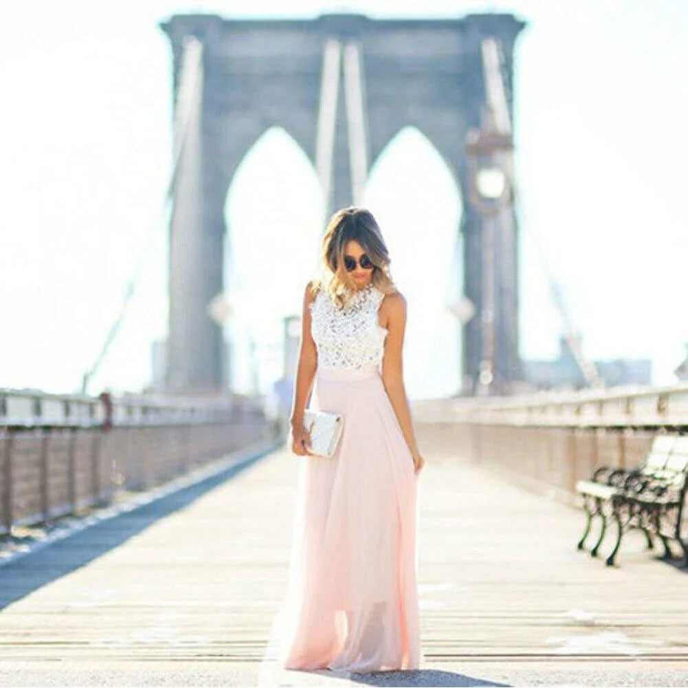 Women's Lace and Mesh Maxi Dress – Fitted Waist Floor Length