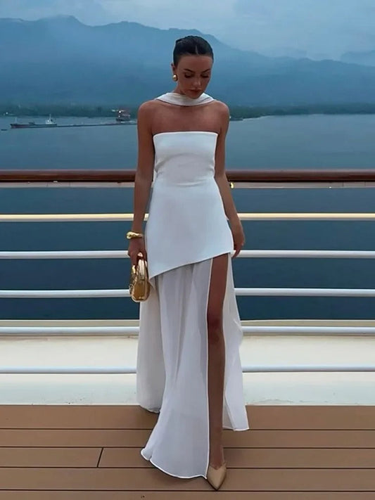 Women's Bustier Maxi Dress – High Neck Side Slit
