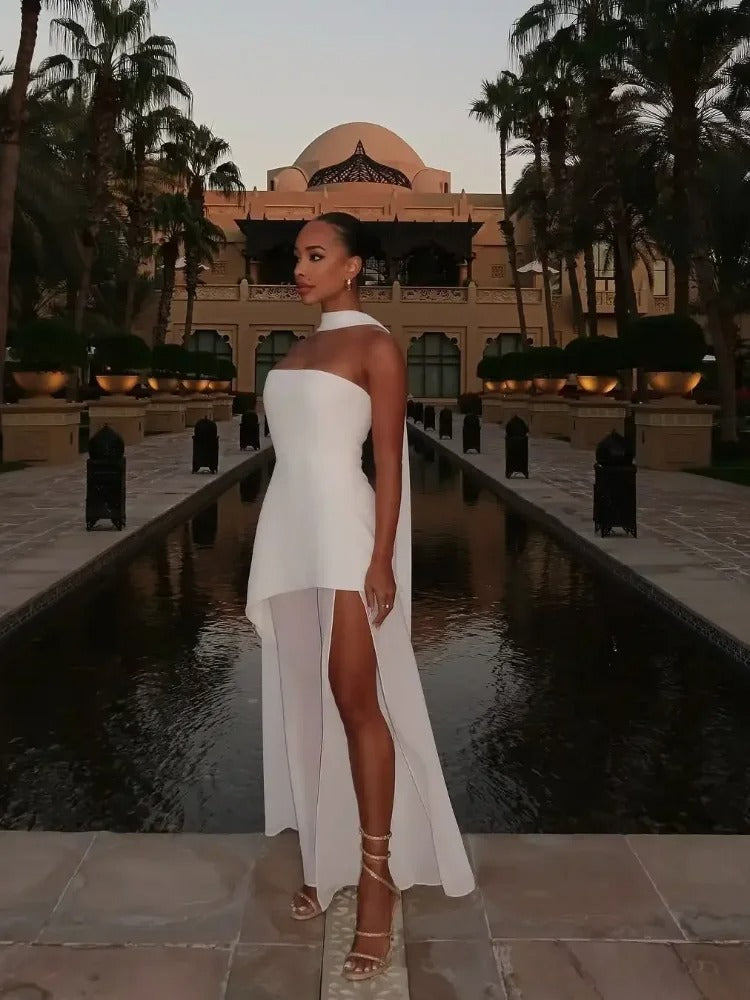Women's Bustier Maxi Dress – High Neck Side Slit