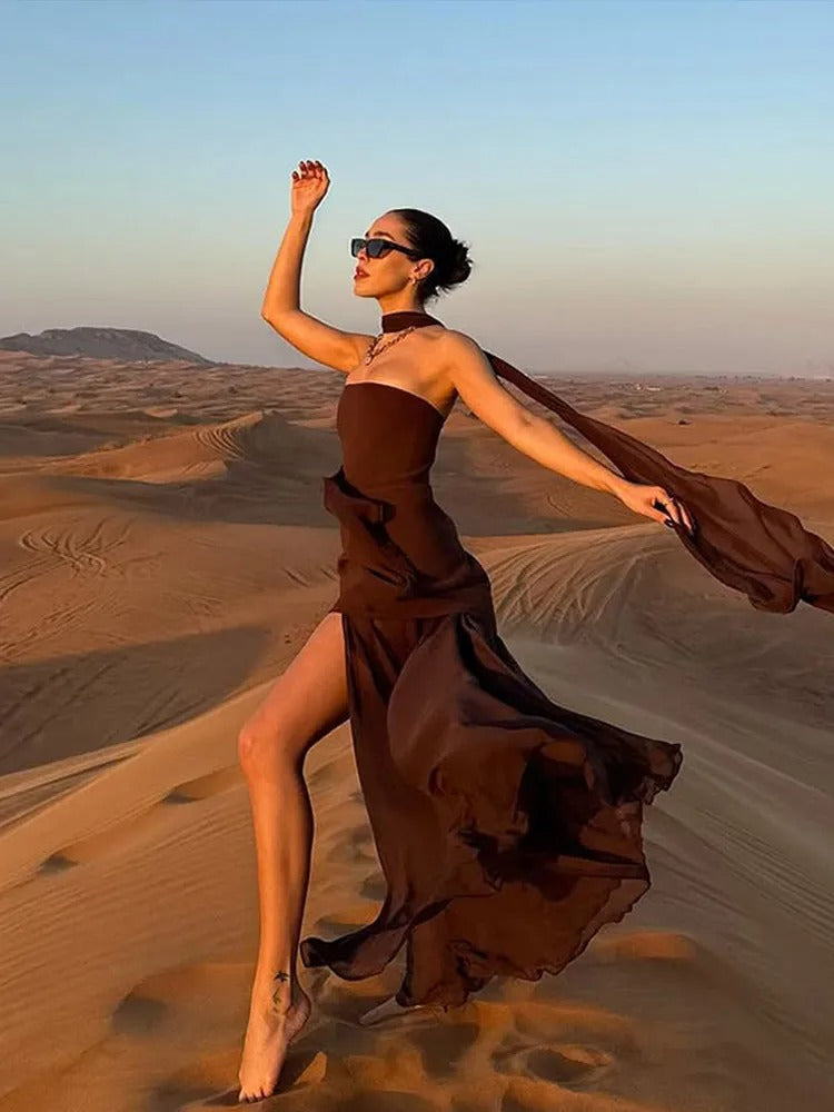 Women's Bustier Maxi Dress – High Neck Side Slit