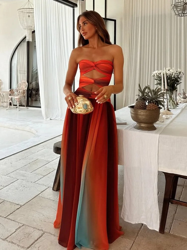 Women's Strapless Maxi Dress – Cutout Bodice A-Line