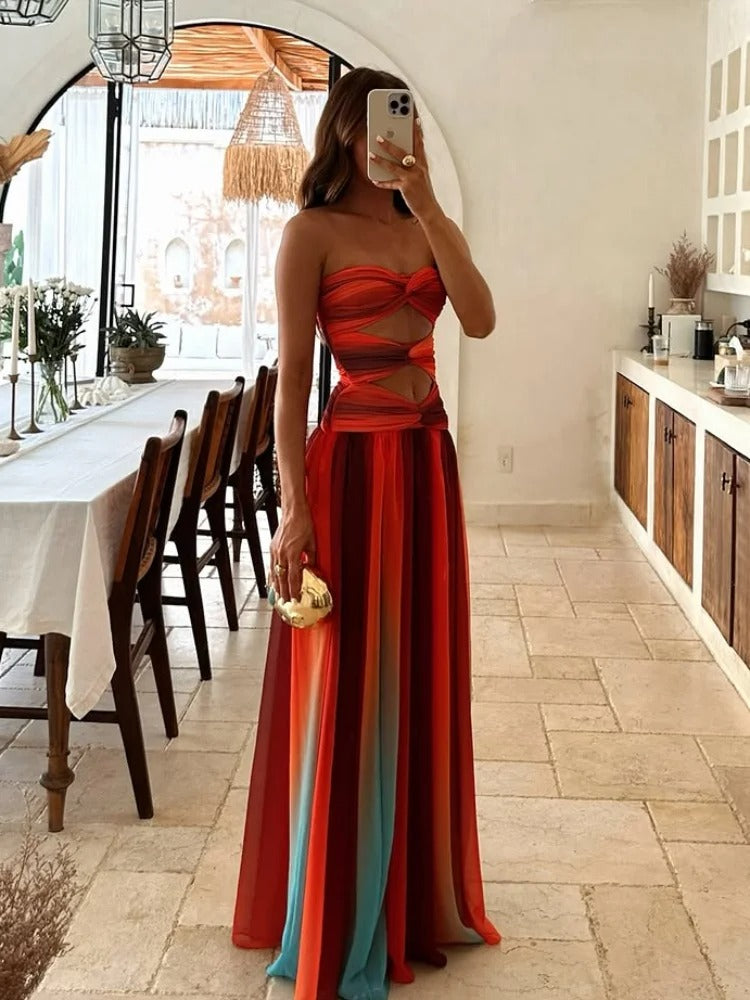 Women's Strapless Maxi Dress – Cutout Bodice A-Line