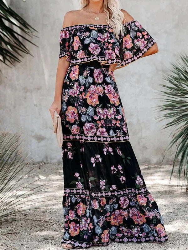 Women's Off-Shoulder Floral Maxi Dress – Tiered Ruffle Skirt