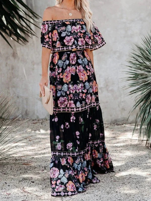 Women's Off-Shoulder Floral Maxi Dress – Tiered Ruffle Skirt