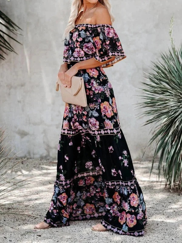 Women's Off-Shoulder Floral Maxi Dress – Tiered Ruffle Skirt