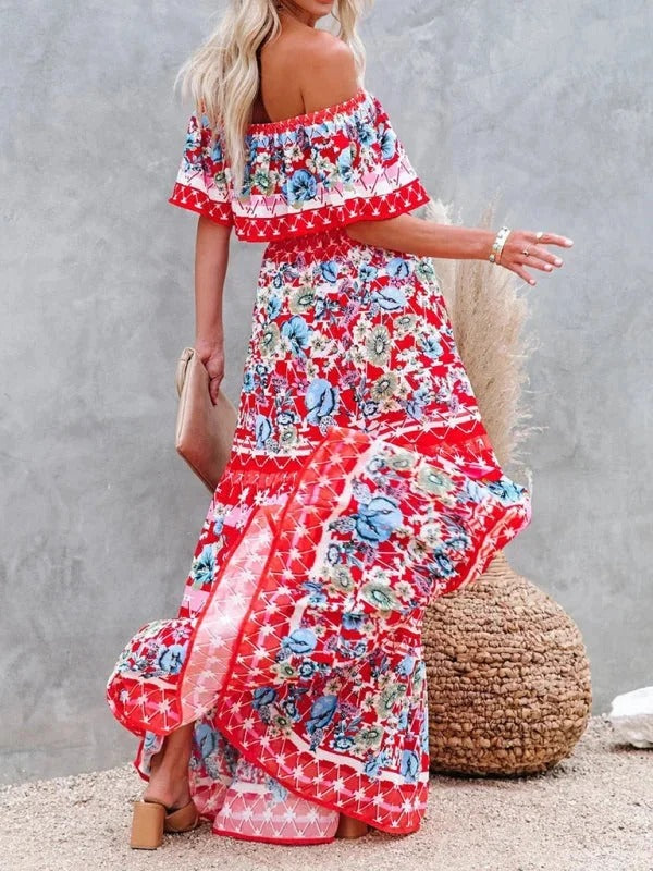 Women's Off-Shoulder Floral Maxi Dress – Tiered Ruffle Skirt
