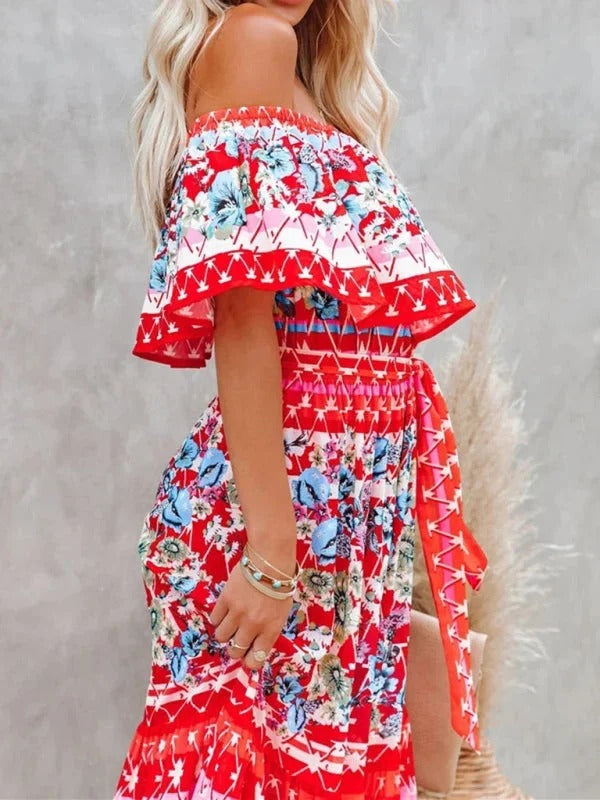Women's Off-Shoulder Floral Maxi Dress – Tiered Ruffle Skirt
