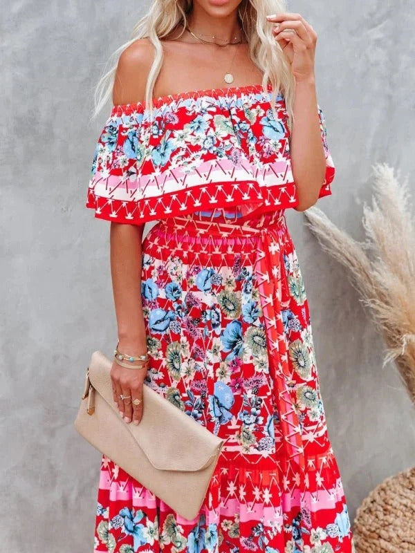 Women's Off-Shoulder Floral Maxi Dress – Tiered Ruffle Skirt