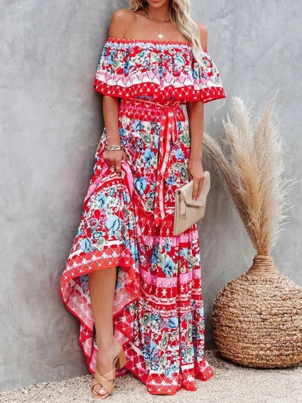 Women's Off-Shoulder Floral Maxi Dress – Tiered Ruffle Skirt