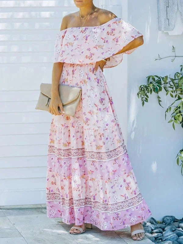 Women's Off-Shoulder Floral Maxi Dress – Tiered Ruffle Skirt