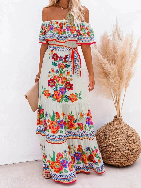 Women's Off-Shoulder Floral Maxi Dress – Tiered Ruffle Skirt