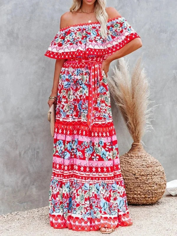 Women's Off-Shoulder Floral Maxi Dress – Tiered Ruffle Skirt