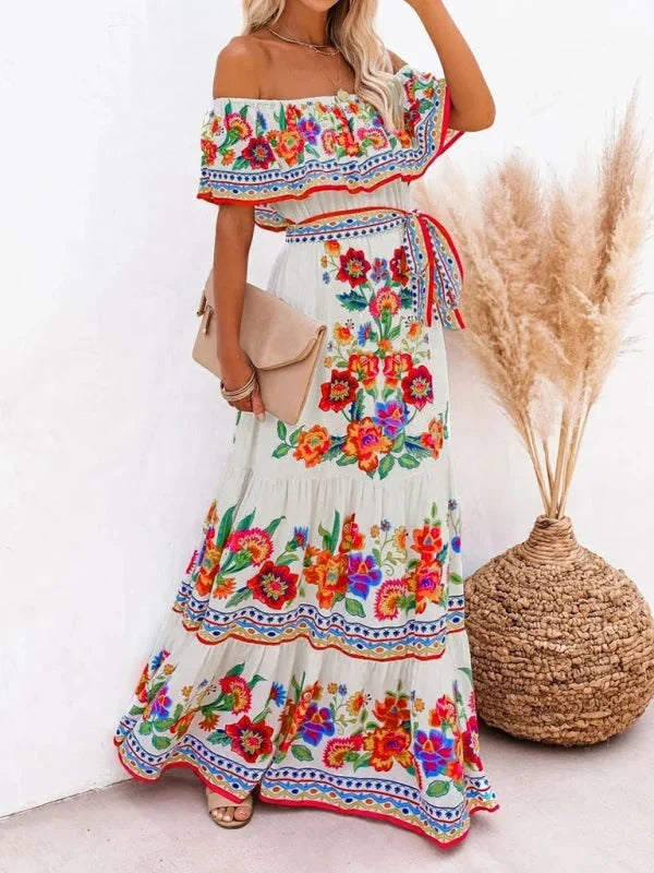 Women's Off-Shoulder Floral Maxi Dress – Tiered Ruffle Skirt