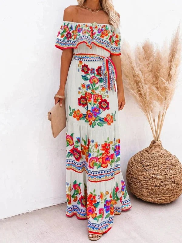Women's Off-Shoulder Floral Maxi Dress – Tiered Ruffle Skirt