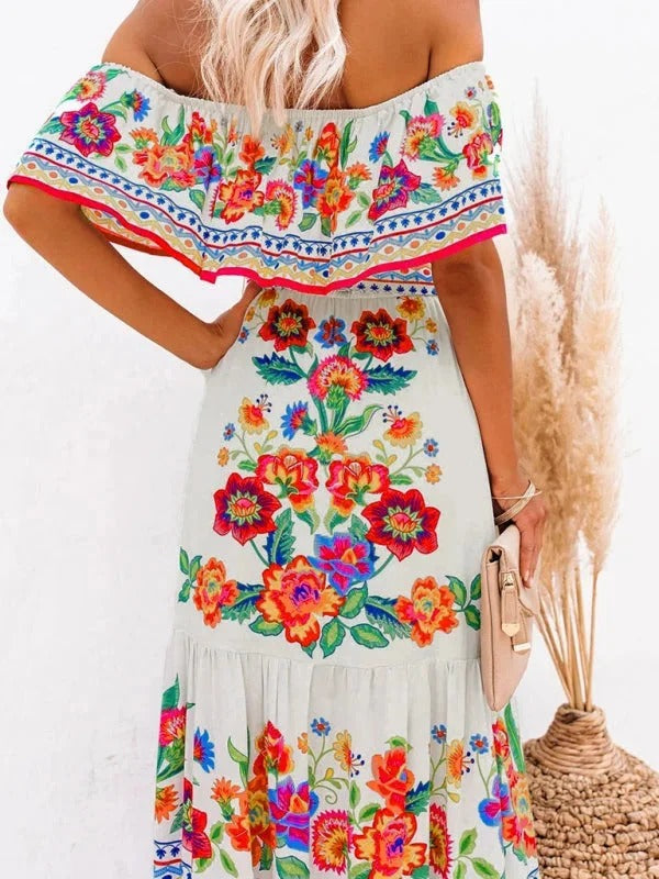 Women's Off-Shoulder Floral Maxi Dress – Tiered Ruffle Skirt