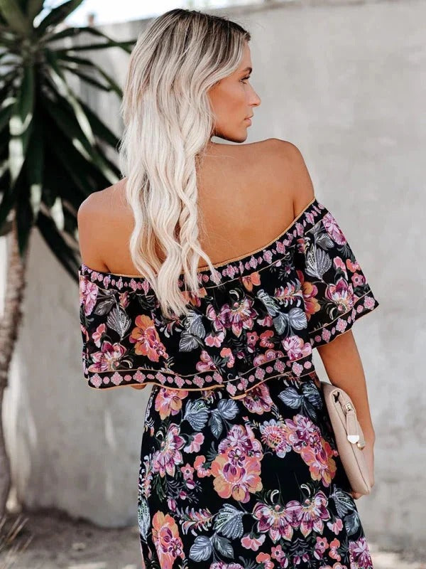 Women's Off-Shoulder Floral Maxi Dress – Tiered Ruffle Skirt