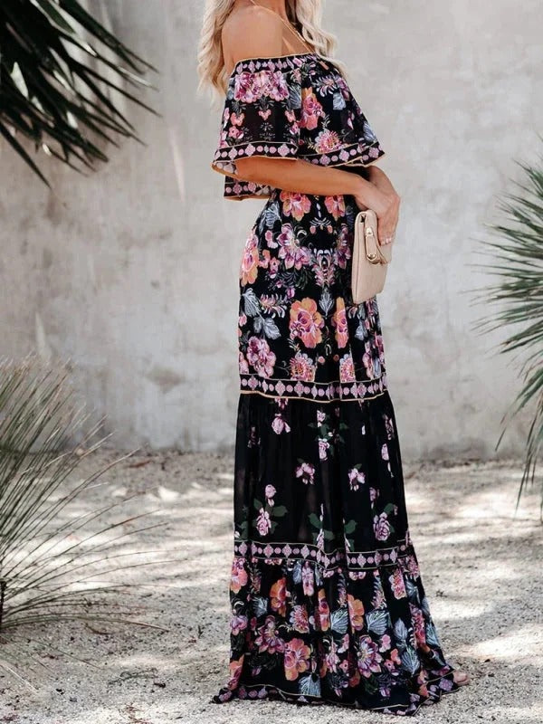 Women's Off-Shoulder Floral Maxi Dress – Tiered Ruffle Skirt
