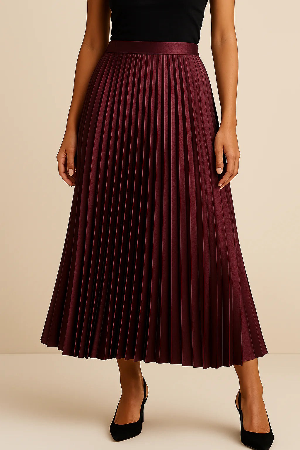Women's Pleated Satin Midi Skirt – High-Waist A-Line