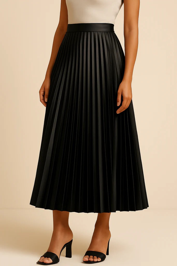 Women's Pleated Satin Midi Skirt – High-Waist A-Line