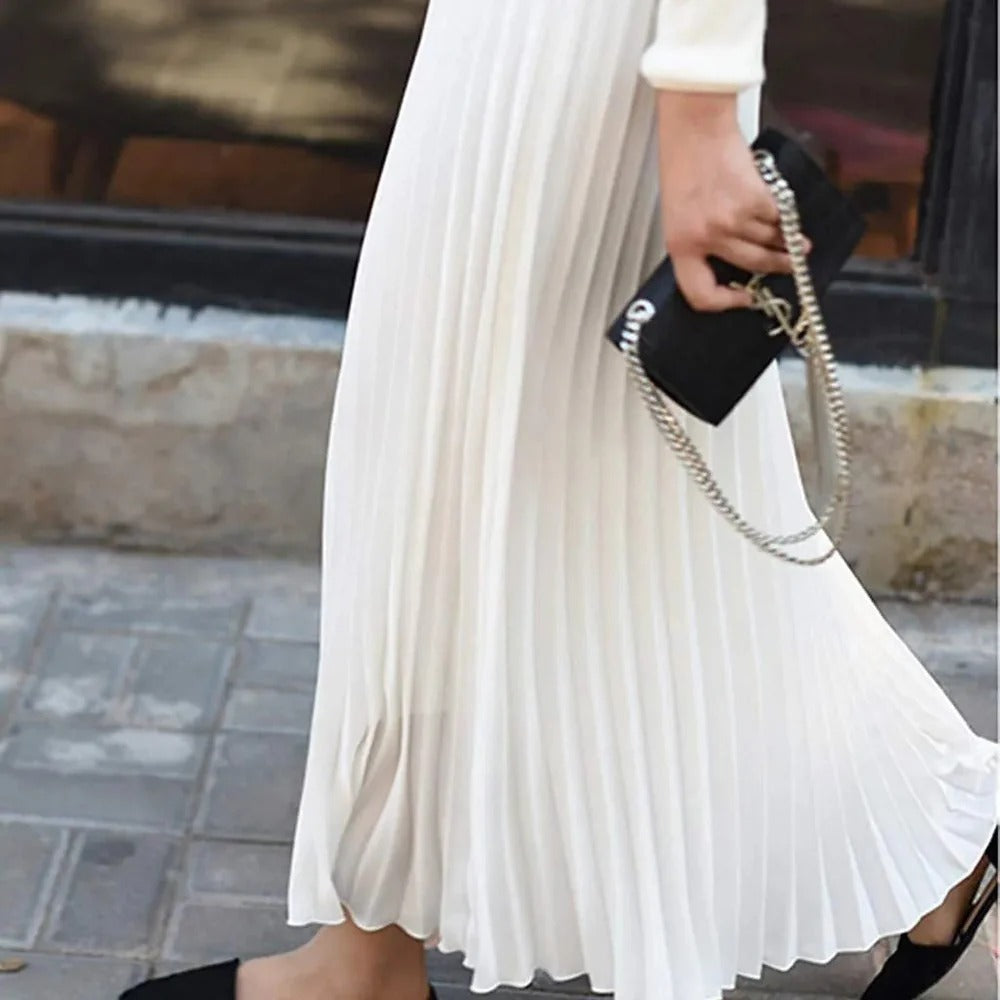 Women's Pleated Satin Midi Skirt – High-Waist A-Line