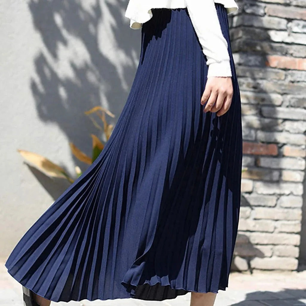 Women's Pleated Satin Midi Skirt – High-Waist A-Line