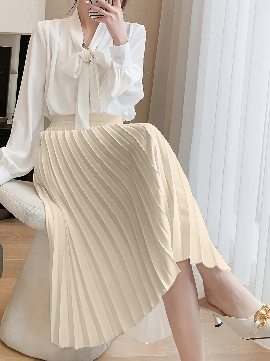 Women's Pleated Satin Midi Skirt – High-Waist A-Line