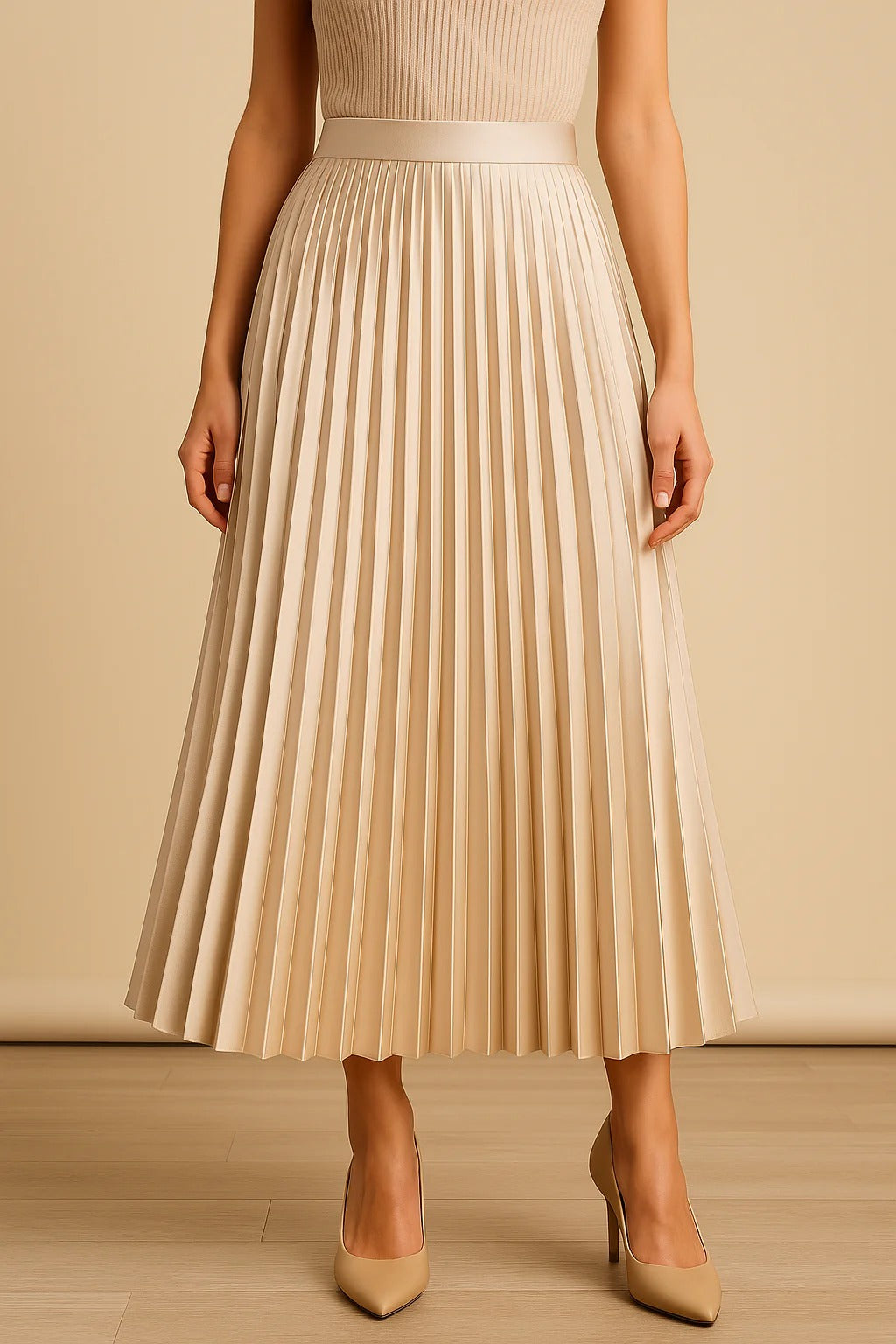 Women's Pleated Satin Midi Skirt – High-Waist A-Line