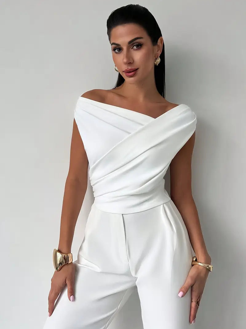 Women's Asymmetric Neck Top – Front Cross Detail