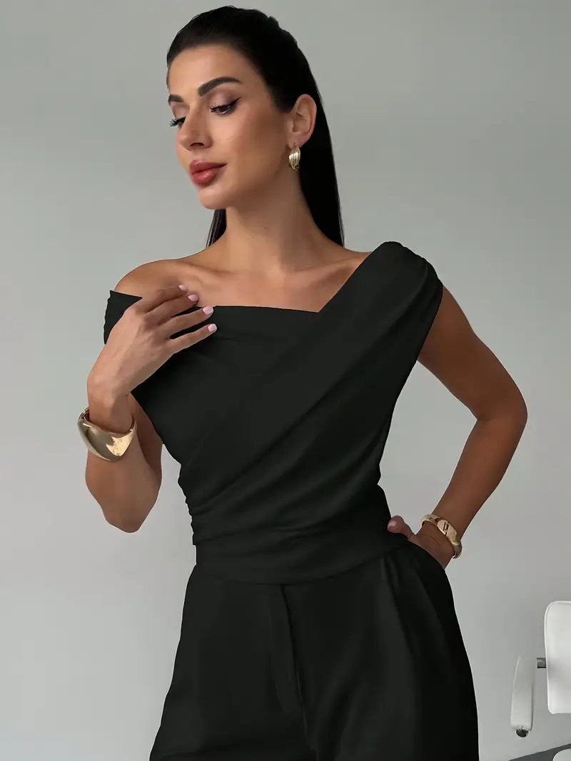 Women's Asymmetric Neck Top – Front Cross Detail