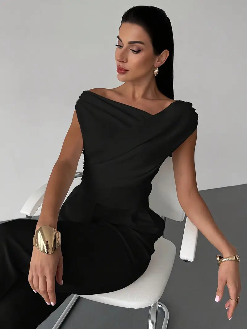 Women's Asymmetric Neck Top – Front Cross Detail