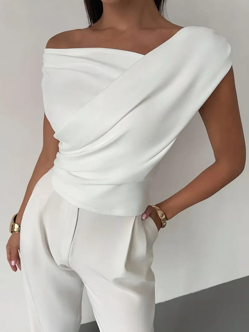 Women's Asymmetric Neck Top – Front Cross Detail