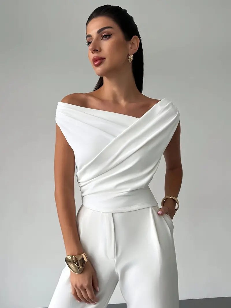 Women's Asymmetric Neck Top – Front Cross Detail