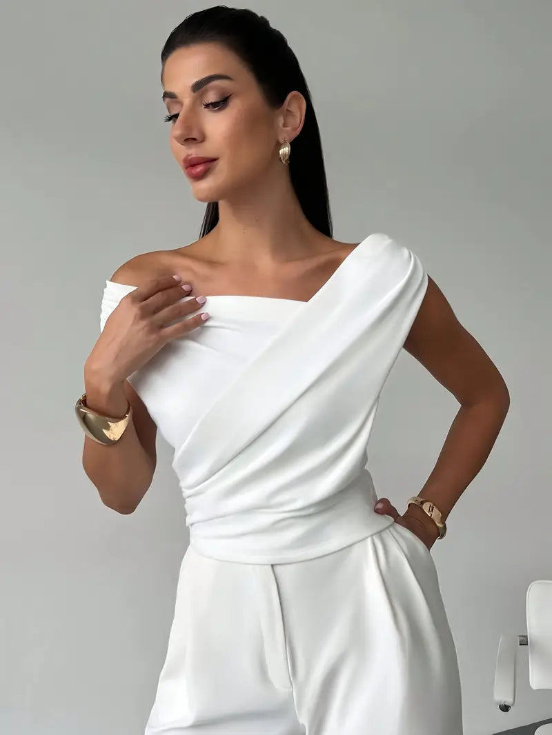 Women's Asymmetric Neck Top – Front Cross Detail