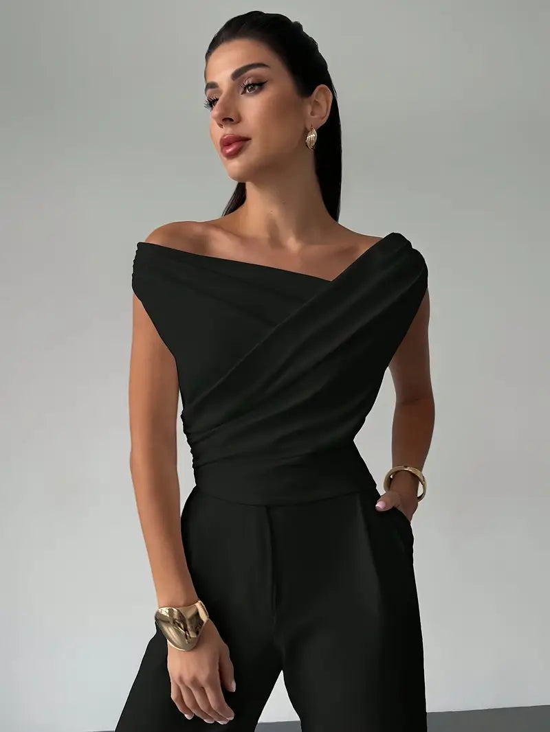 Women's Asymmetric Neck Top – Front Cross Detail