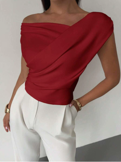 Women's Asymmetric Neck Top – Front Cross Detail