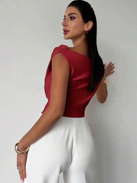 Women's Asymmetric Neck Top – Front Cross Detail